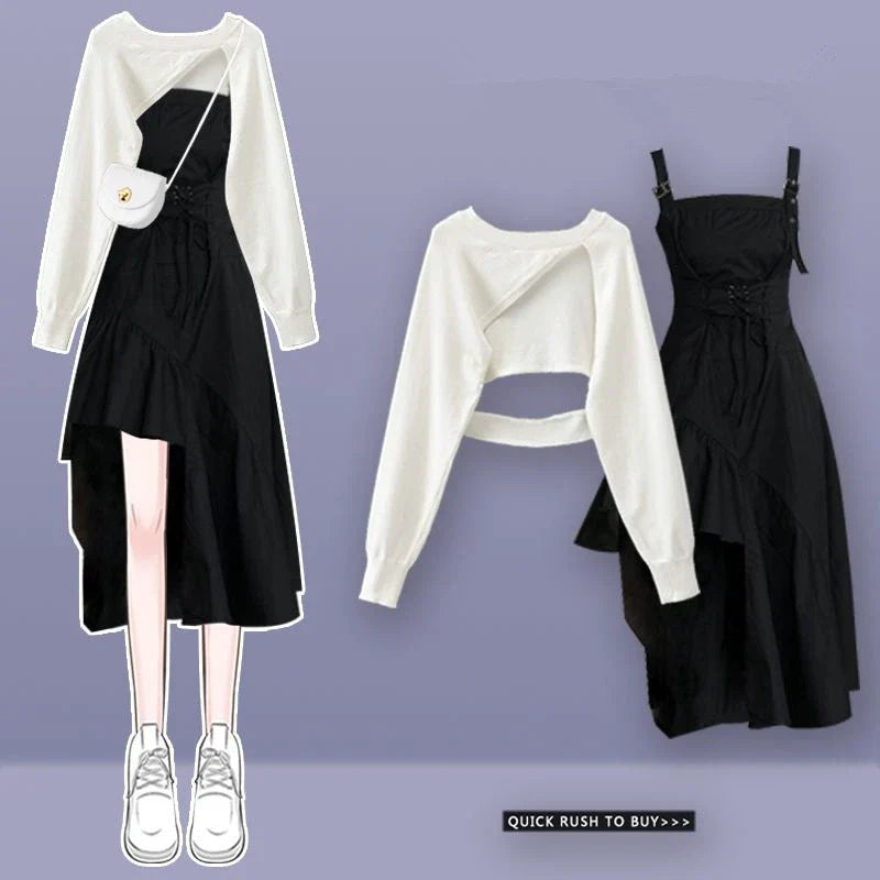 Vusy Kawai Shop women's floral sling dress set featuring black asymmetrical dress with straps and white cropped long sleeve top