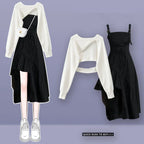 Vusy Kawai Shop women's floral sling dress set with black asymmetrical dress and white cropped long sleeve top