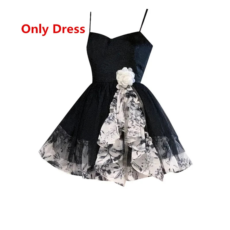Black women's floral sling dress set with white floral accents and thin straps from Vusy Kawai Shop