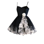 Vusy Kawai Shop women's floral sling dress set with black fitted bodice and floral skirt detail