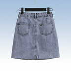 Light blue denim skirt with back pockets part of women stripe t shirt denim skirt set