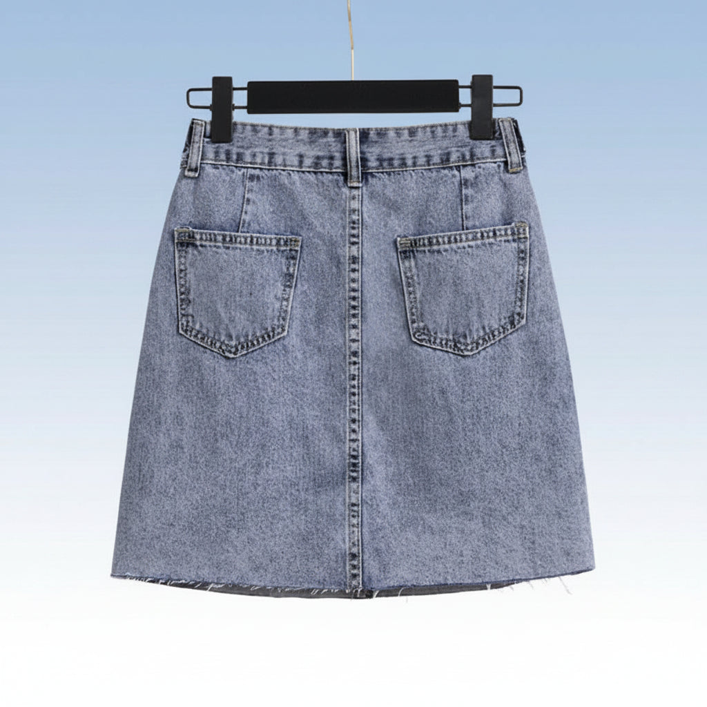 Light blue denim skirt with back pockets part of women stripe t shirt denim skirt set