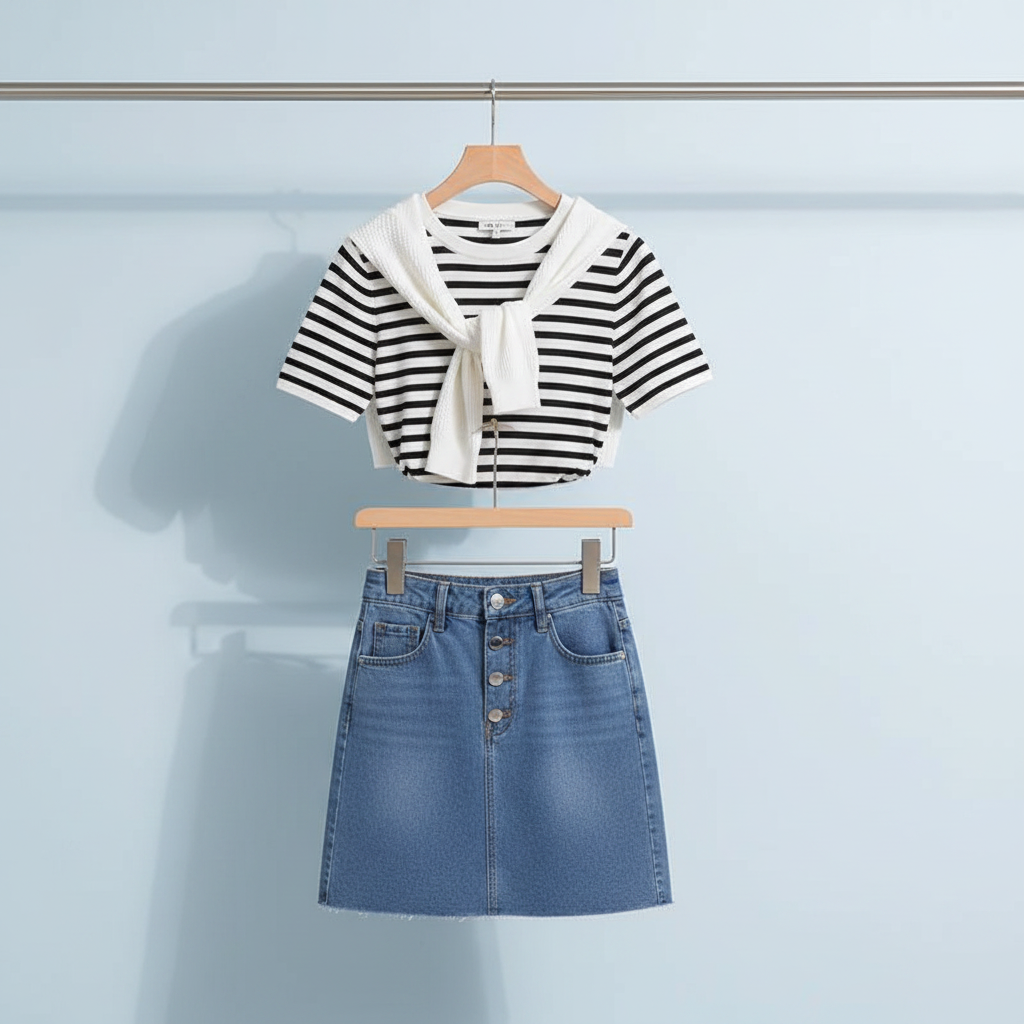 Women Stripe T Shirt Denim Skirt Korean Set - Vusy Kawaii Shop