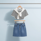 Women Stripe T Shirt Denim Skirt Korean Set - Vusy Kawaii Shop