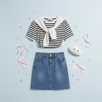 Women Stripe T Shirt Denim Skirt Korean Set - Vusy Kawaii Shop