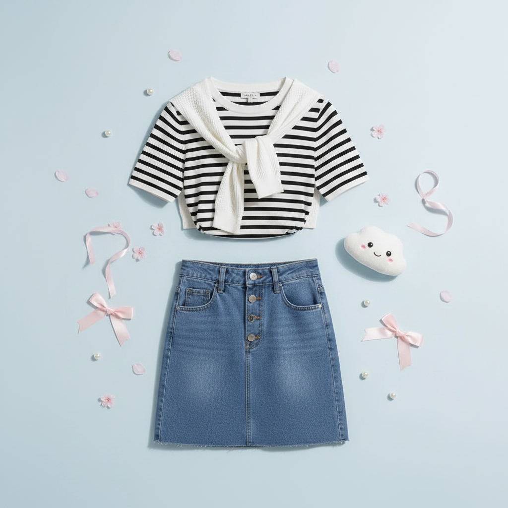 Women Stripe T Shirt Denim Skirt Korean Set - Vusy Kawaii Shop