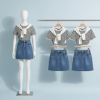 Women Stripe T Shirt Denim Skirt Korean Set - Vusy Kawaii Shop