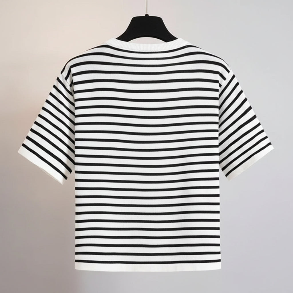 Back view of a women stripe t shirt denim skirt set top with black and white horizontal stripes