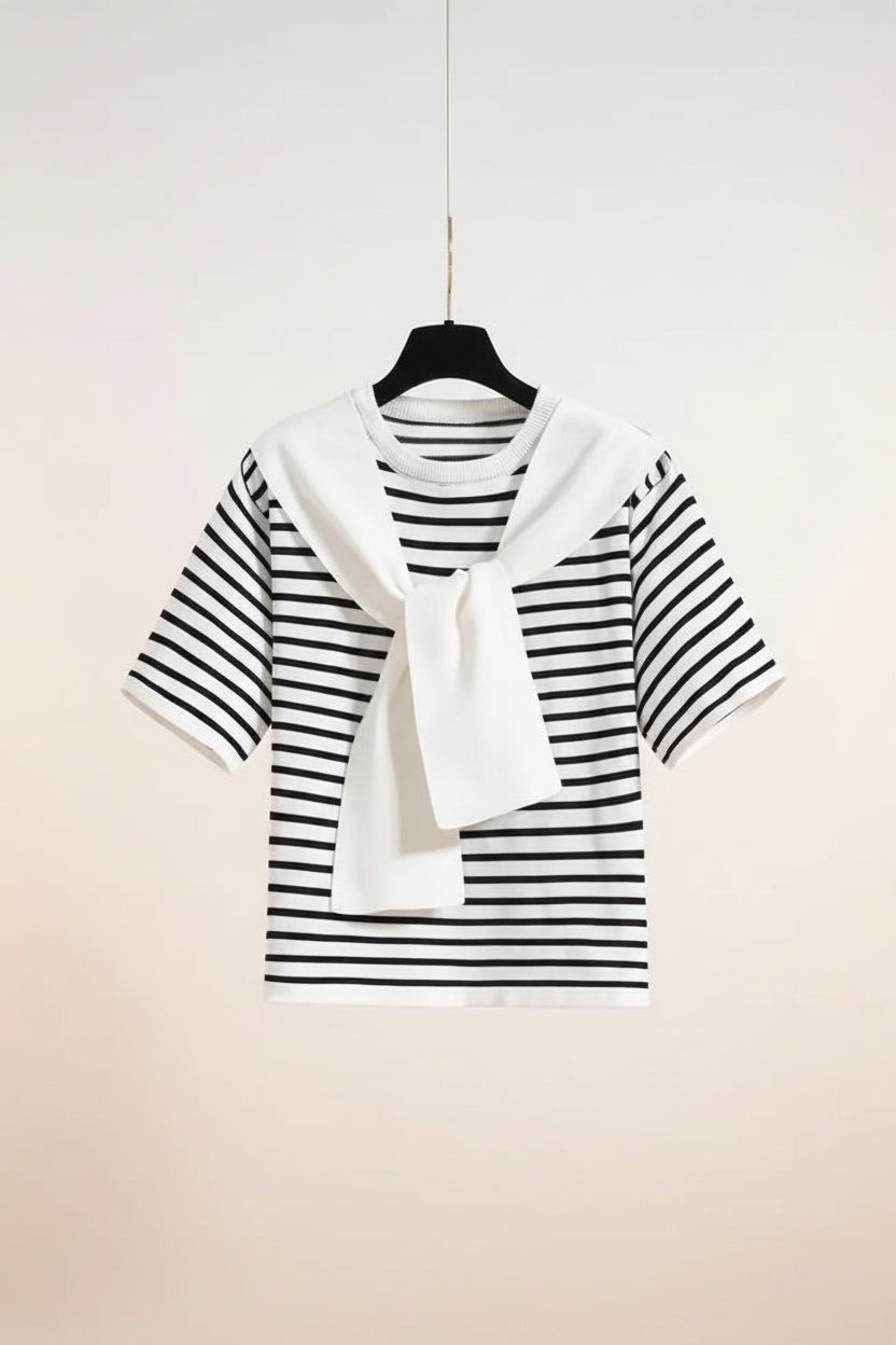 Women stripe t shirt denim skirt set striped black and white tee with white sweater draped on hanger