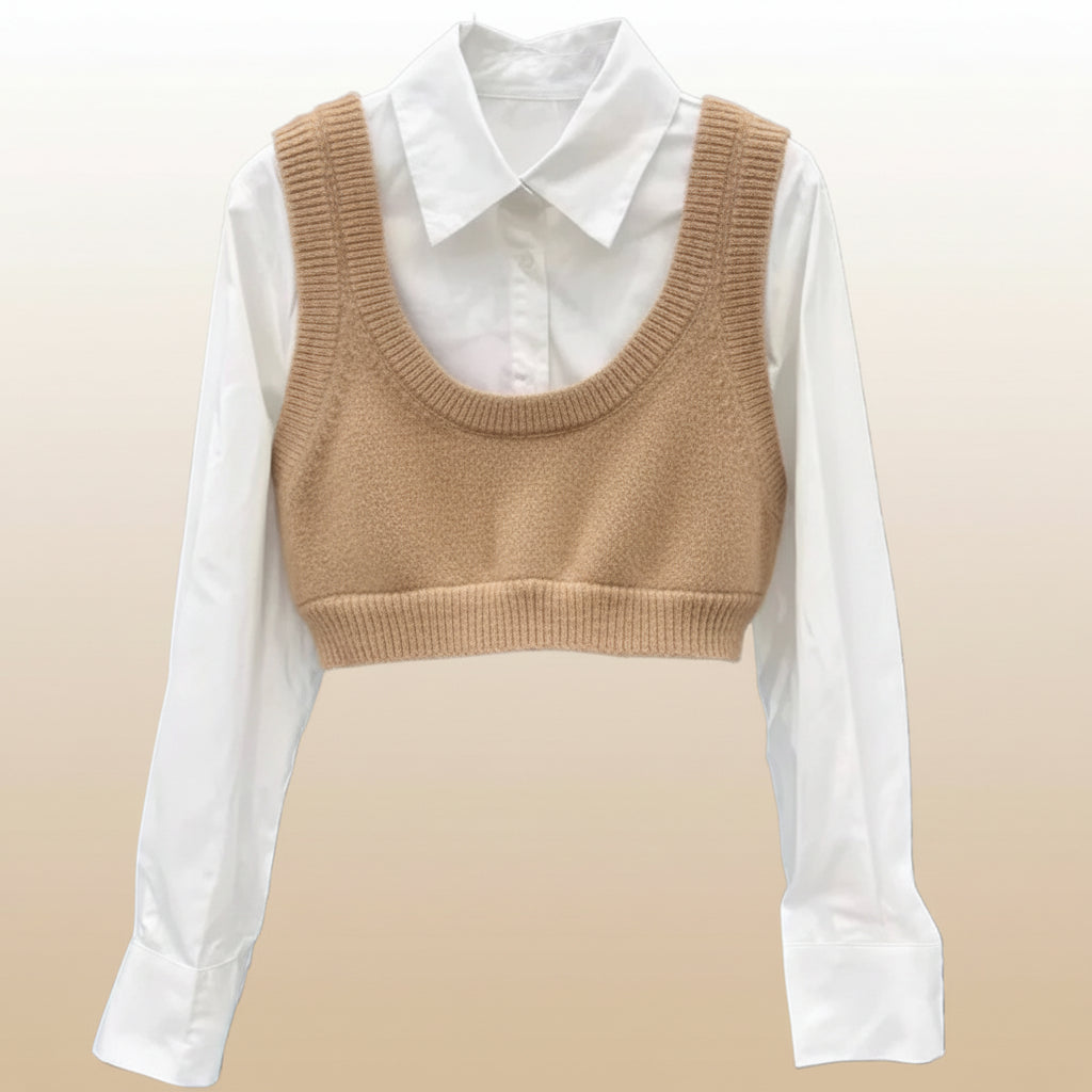 Korean striped shirt and sweater set featuring a white collared shirt with a cropped beige knit sweater vest