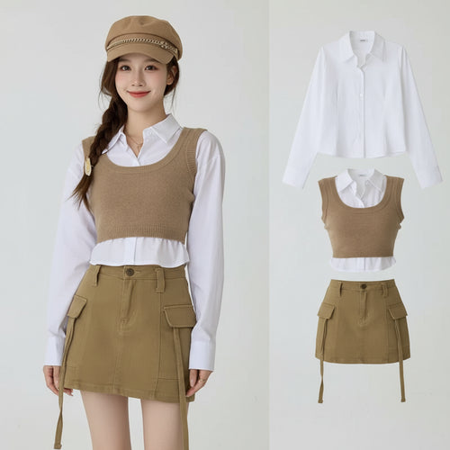 Young woman wearing Korean striped shirt and sweater set with beige knit vest and matching skirt