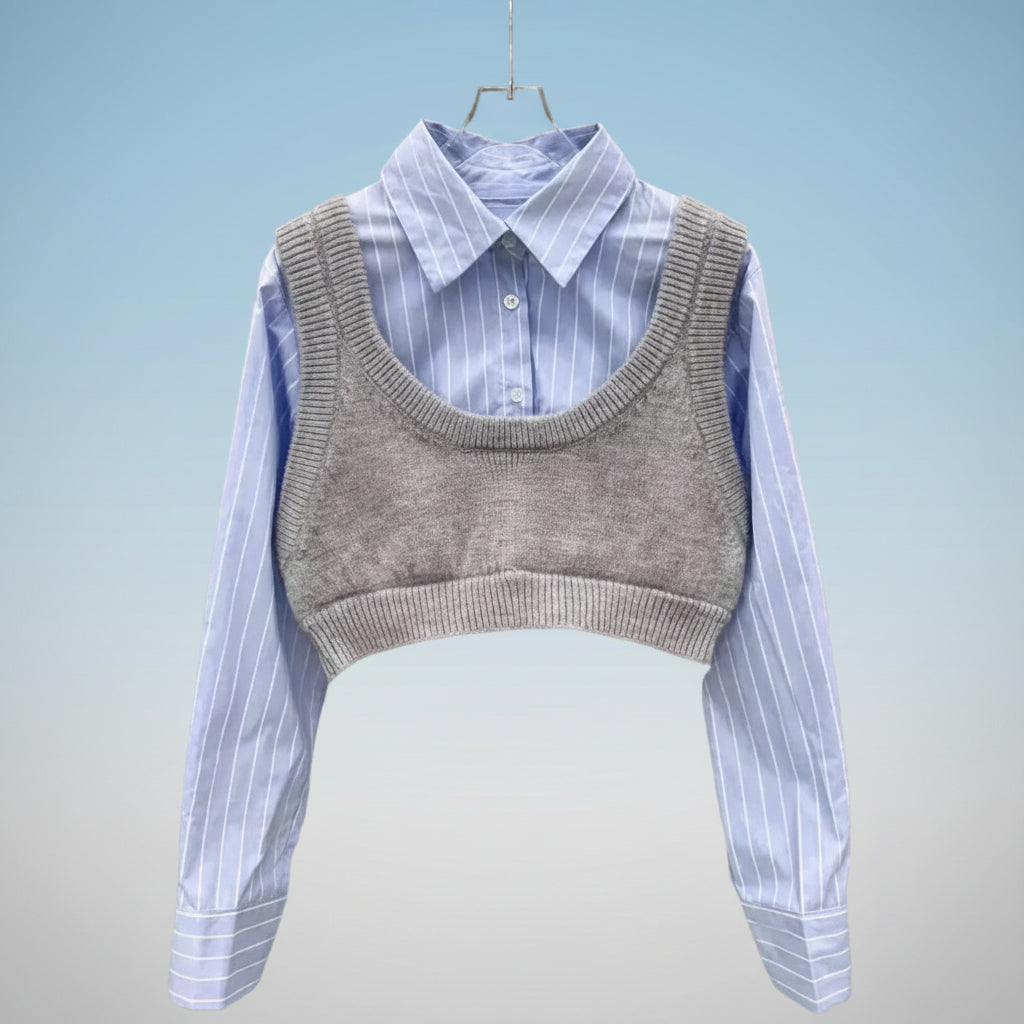 Korean striped shirt and sweater set with blue pinstriped collared shirt and cropped gray sweater vest