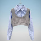 Korean striped shirt and sweater set with blue pinstriped collared shirt and cropped gray sweater vest