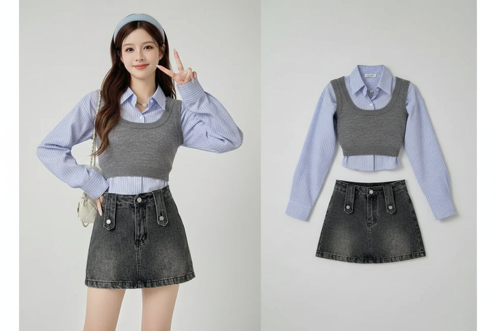 Young woman wearing a Korean striped shirt and sweater set with a black denim skirt and black shoes indoors