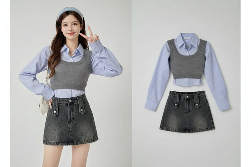 Young woman wearing a Korean striped shirt and sweater set with a black denim skirt and black shoes indoors