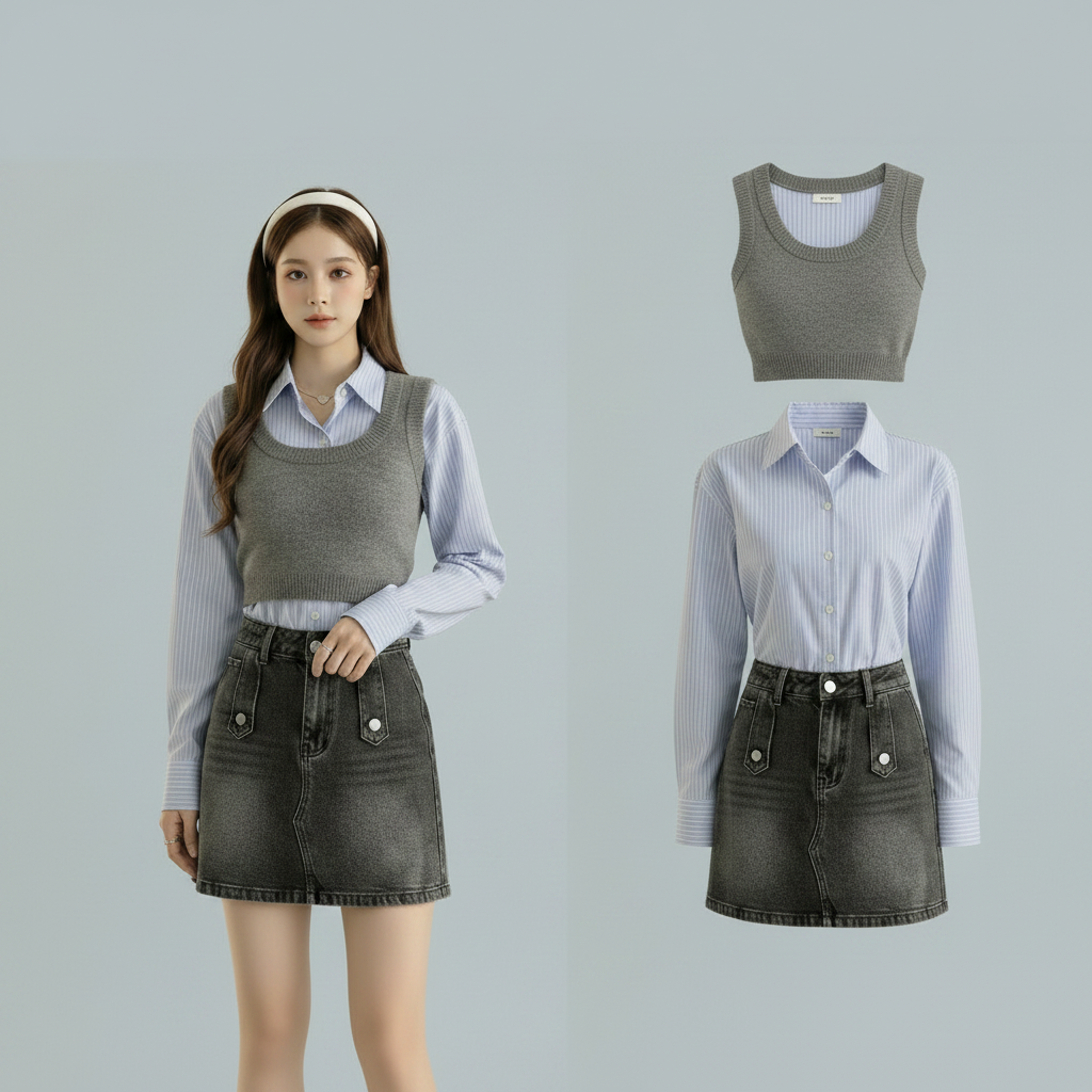 Korean Striped Shirt and Sweater Set, Blue Two-Piece Preppy - Vusy Kawaii Shop
