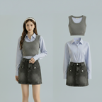 Korean Striped Shirt and Sweater Set, Blue Two-Piece Preppy - Vusy Kawaii Shop