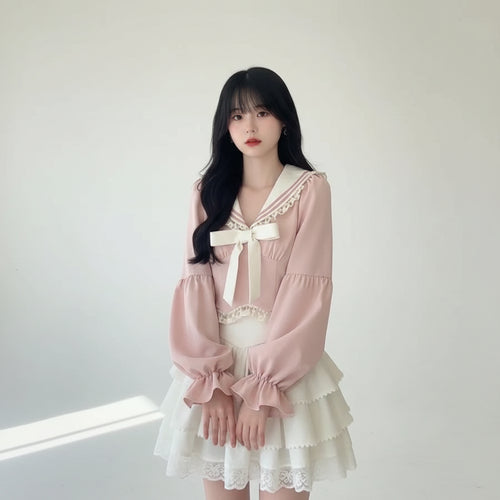Young woman wearing a pink bowknot two piece skirt set with long puff sleeves and lace details