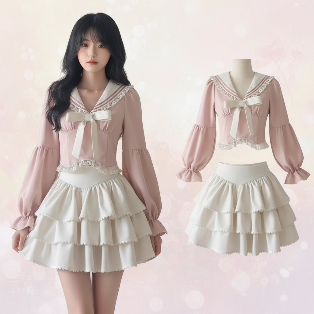 Pink bowknot two piece skirt set with long puff sleeves and layered cream skirt from Vusy Kawai Shop