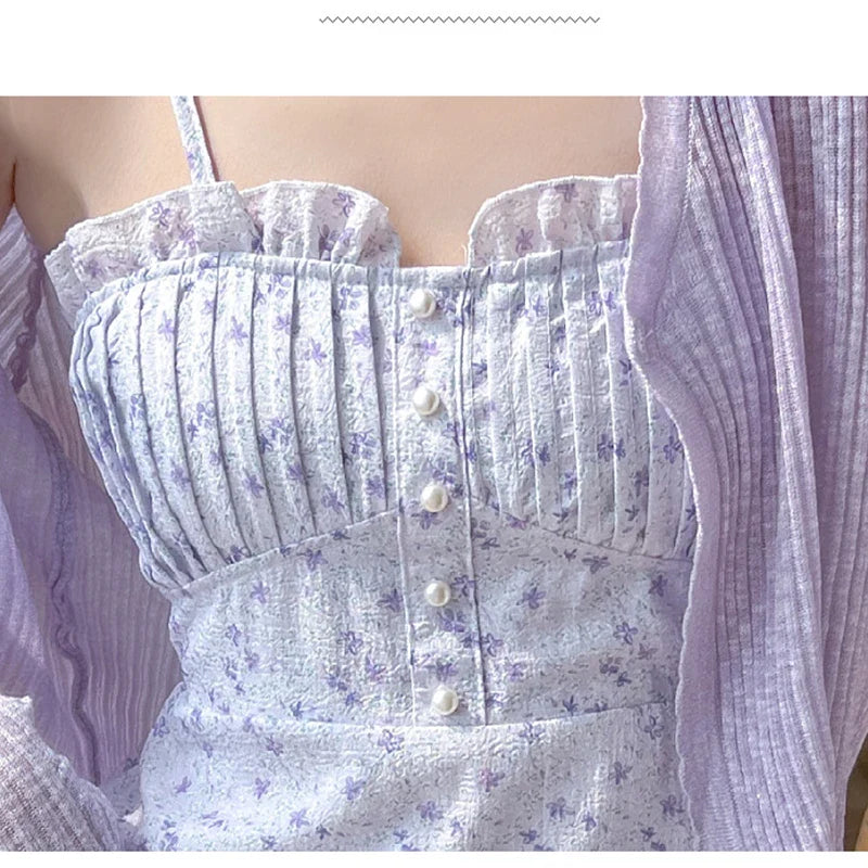 Close-up of purple floral two piece dress with pleated bodice and button details from Vusy Kawai Shop