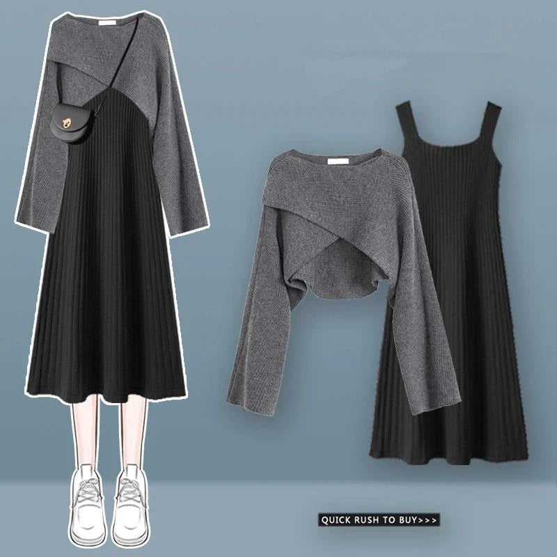 Womens Sleeveless Knit Dress Cardigan Two Piece Set in black and gray with pleated skirt and long sleeve cropped cardigan