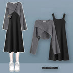 Womens Sleeveless Knit Dress Cardigan Two Piece Set in black and gray with pleated skirt and long sleeve cropped cardigan