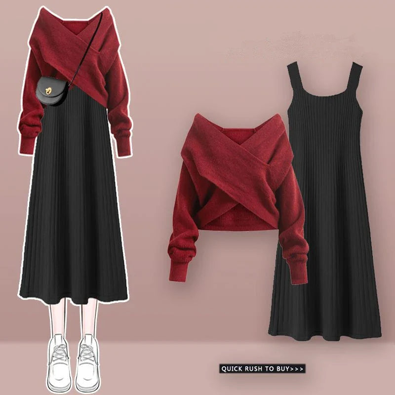 Womens Sleeveless Knit Dress Cardigan Two Piece Set featuring a black knit dress and red wrap cardigan from Vusy Kawai Shop