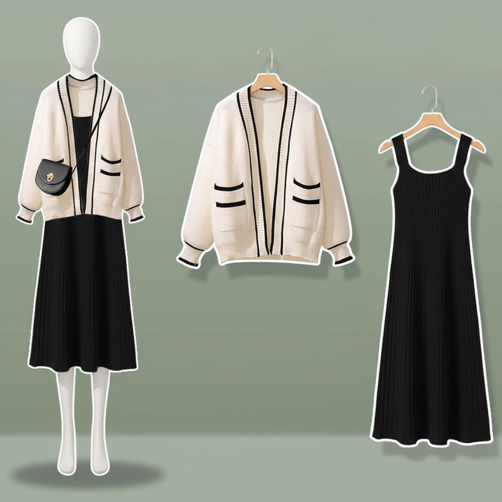 Womens Sleeveless Knit Dress Cardigan Two Piece Set - Vusy Kawaii Shop