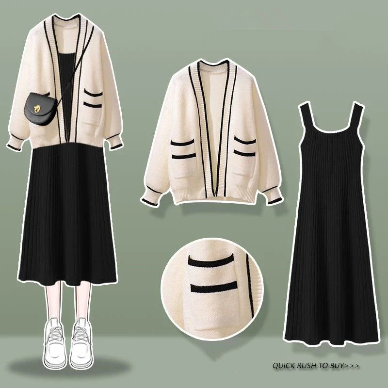 Womens Sleeveless Knit Dress Cardigan Two Piece Set with black sleeveless knit dress and white cardigan with black trim and pockets