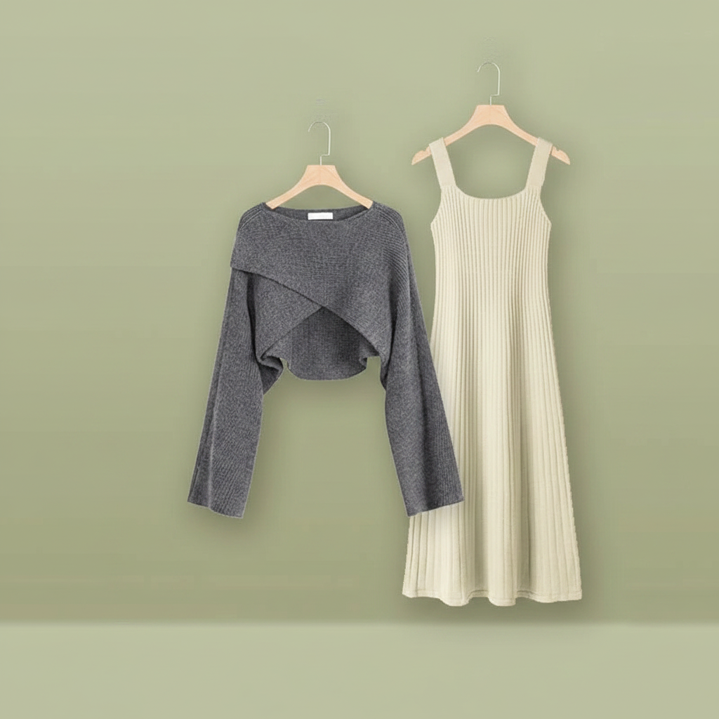 Womens Sleeveless Knit Dress Cardigan Two Piece Set - Vusy Kawaii Shop
