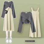 Womens Sleeveless Knit Dress Cardigan Two Piece Set in gray and beige with long sleeves and ribbed knit design