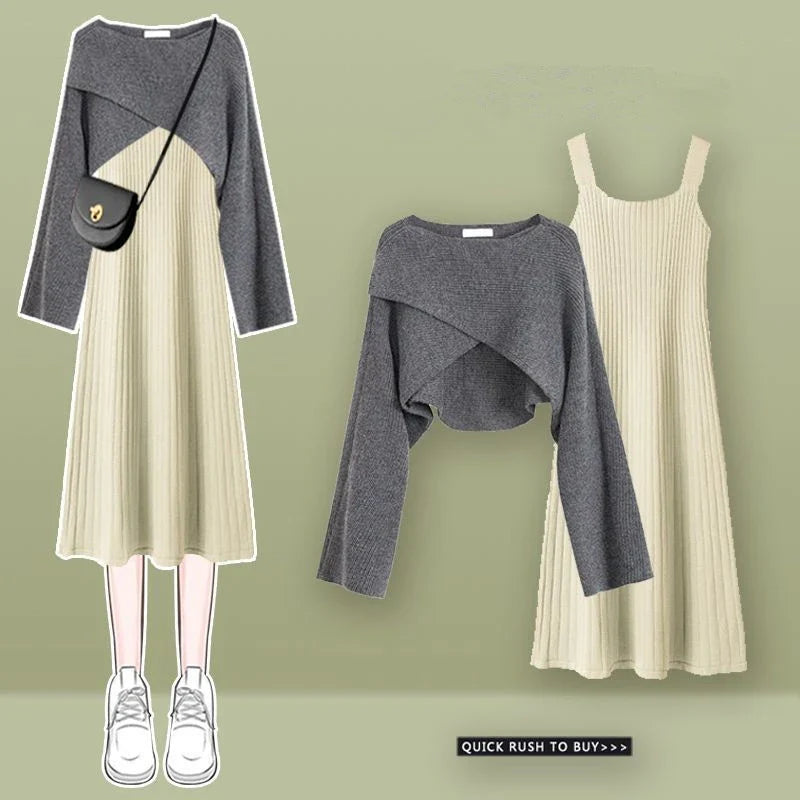 Womens Sleeveless Knit Dress Cardigan Two Piece Set in gray and beige with long sleeves and ribbed knit design