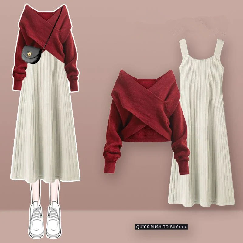 Womens Sleeveless Knit Dress Cardigan Two Piece Set with cream sleeveless dress and red wrap cardigan