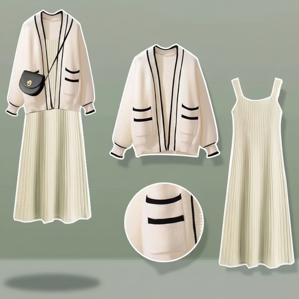 Womens Sleeveless Knit Dress Cardigan Two Piece Set cream color with black trim cozy soft fabric