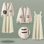 Womens Sleeveless Knit Dress Cardigan Two Piece Set cream color with black trim cozy soft fabric