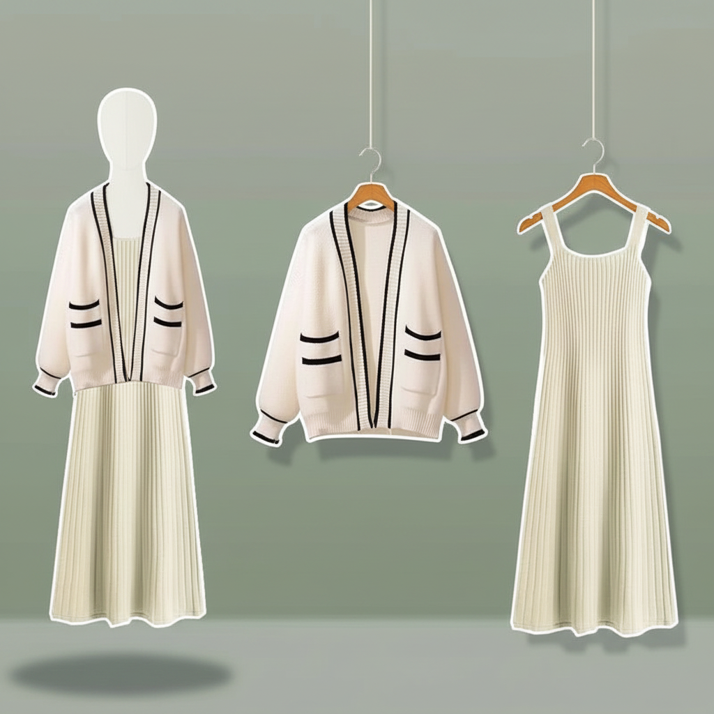 Womens Sleeveless Knit Dress Cardigan Two Piece Set - Vusy Kawaii Shop