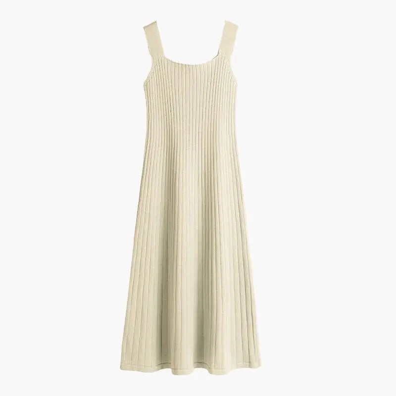 Womens Sleeveless Knit Dress Cardigan Two Piece Set beige ribbed sleeveless knit dress front view