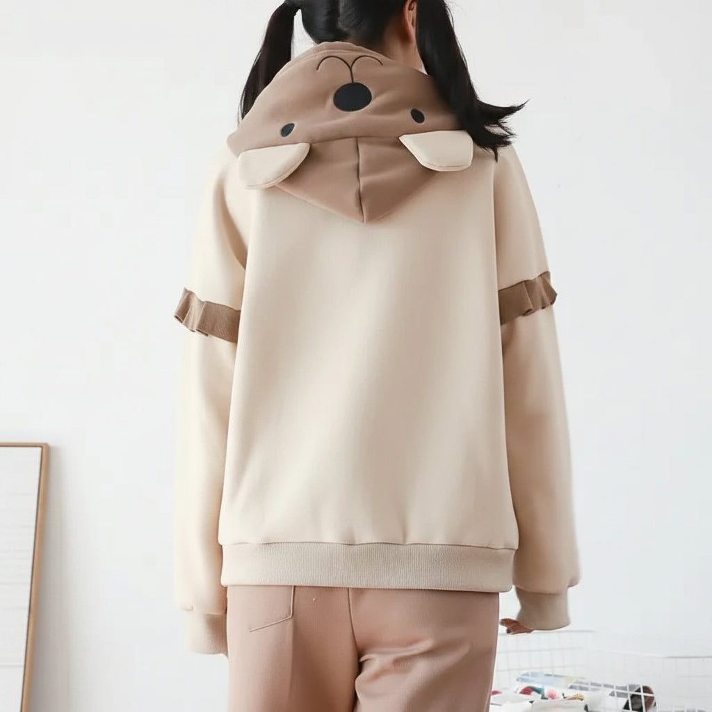 Kawaii bear japanese hoodie for women in beige and brown with bear ears on hood from Vusy Kawai Shop