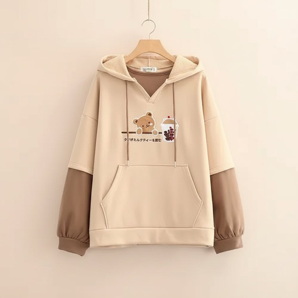 Kawaii bear japanese hoodie for women in beige with brown sleeves and cute bear graphic on front