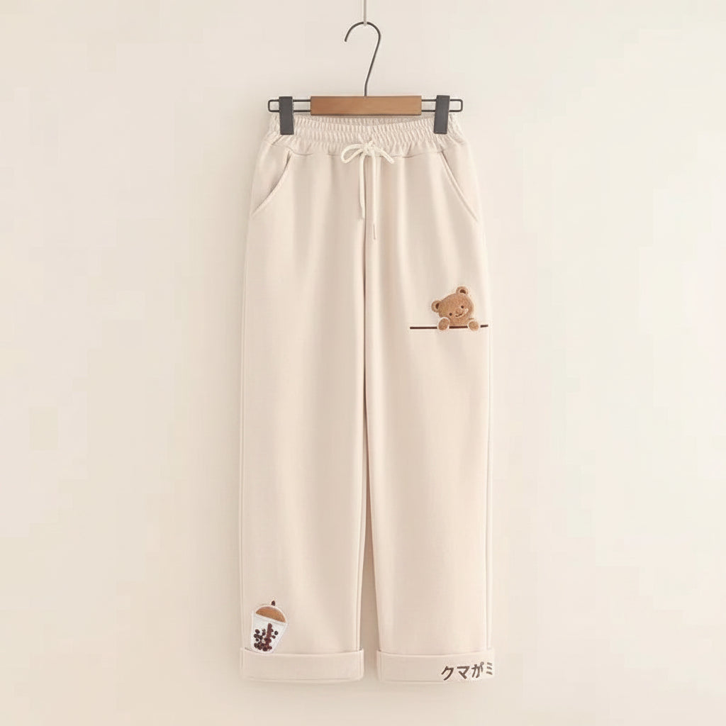 Light beige kawaii bear Japanese hoodie for women featuring cute bear and coffee cup designs