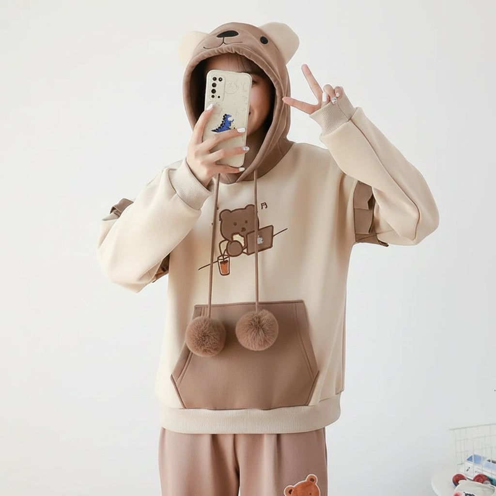 Kawaii bear japanese hoodie for women in beige and brown with bear ears on hood and pom pom strings
