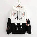 White and black kawaii bear japanese hoodie for women with cat ear design and paw prints