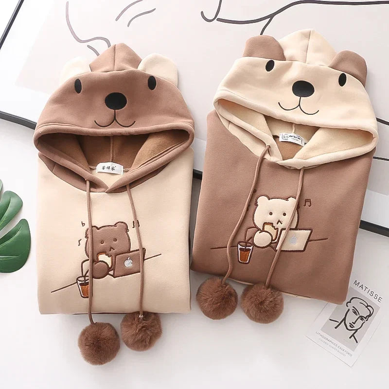 Kawaii bear japanese hoodie for women in beige and brown with bear face hood and cute bear embroidery