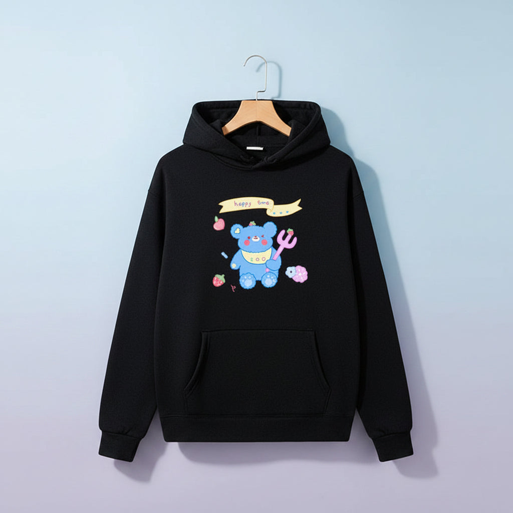 Black hoodie featuring kawaii bear print sweatshirt harajuku design with blue bear and colorful accents