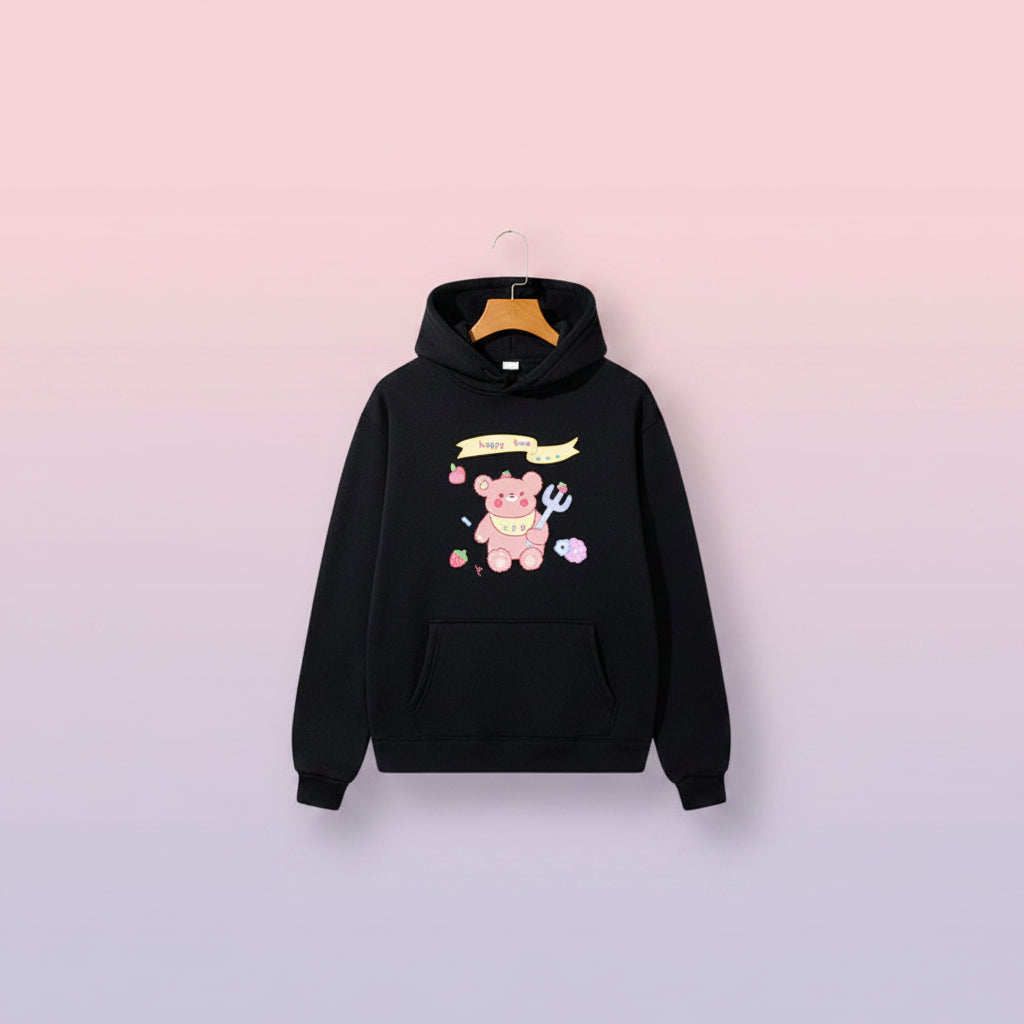 Black hoodie with kawaii bear print sweatshirt harajuku style featuring a pink bear and cute colorful accents