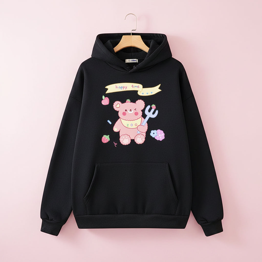 Black kawaii bear print sweatshirt harajuku with pink bear and fruit graphic from Vusy Kawai Shop