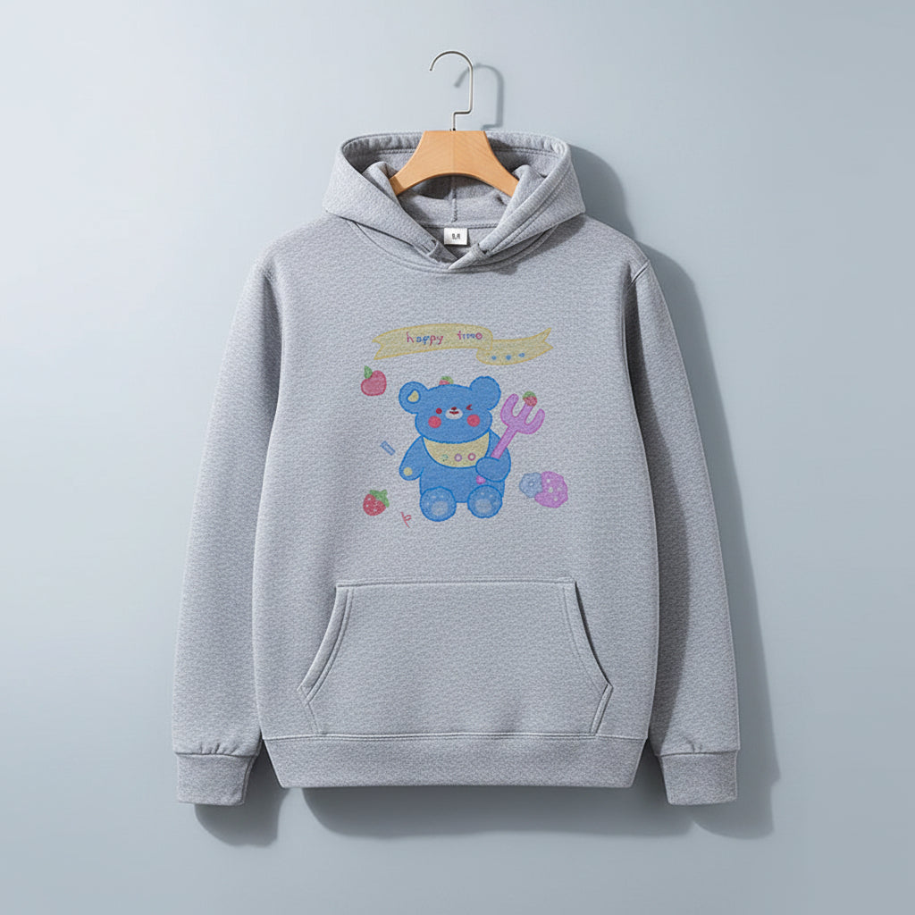 Gray hoodie featuring a kawaii bear print sweatshirt harajuku style with colorful cartoon bear and fruit design