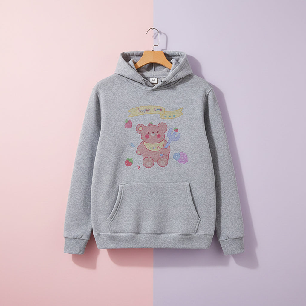 Gray hoodie with kawaii bear print sweatshirt harajuku style featuring cute bear and colorful design
