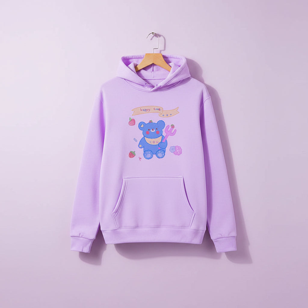 Lavender kawaii bear print sweatshirt harajuku style with cute blue bear and happy time text