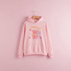 Pink kawaii bear print sweatshirt harajuku style with happy time banner and cute fruit designs